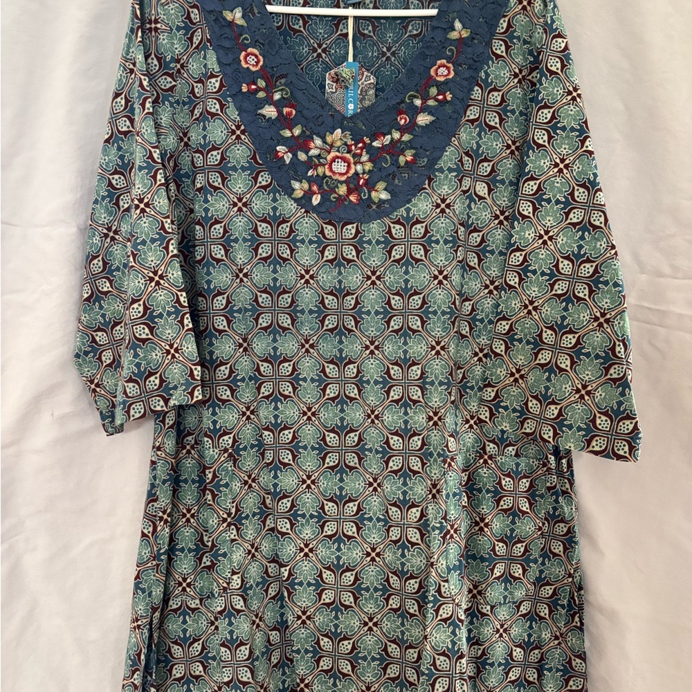 April Cornell Blue and Green Geometric Tunic - NWT